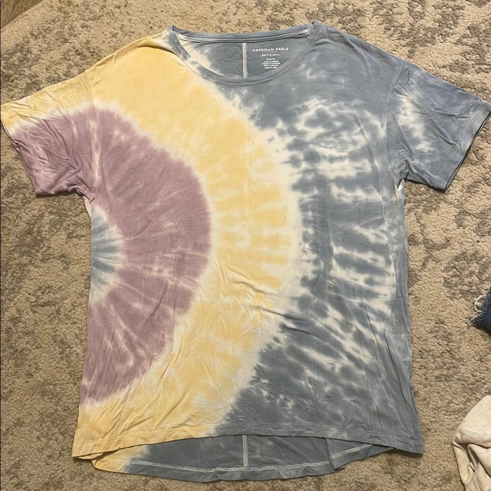 American Eagle Outfitters Blue and Yellow Blouse with Tie-Dye Design
